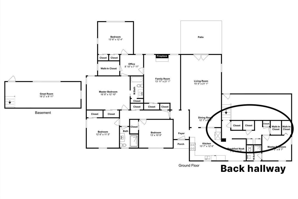 Floor plans showing the layout of the back hallway