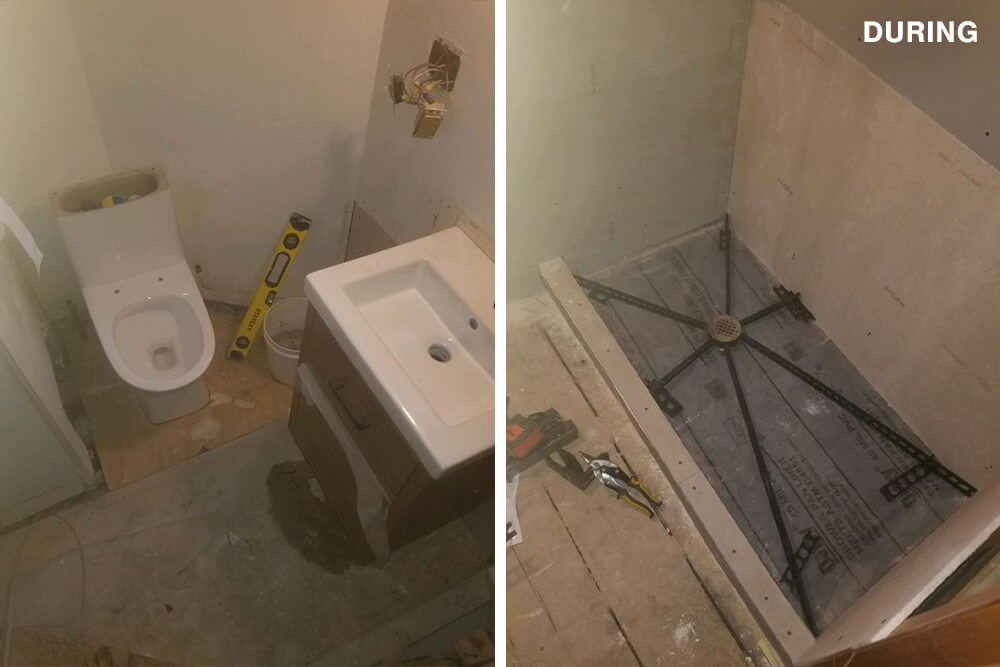 Split image of the bathroom during renovation
