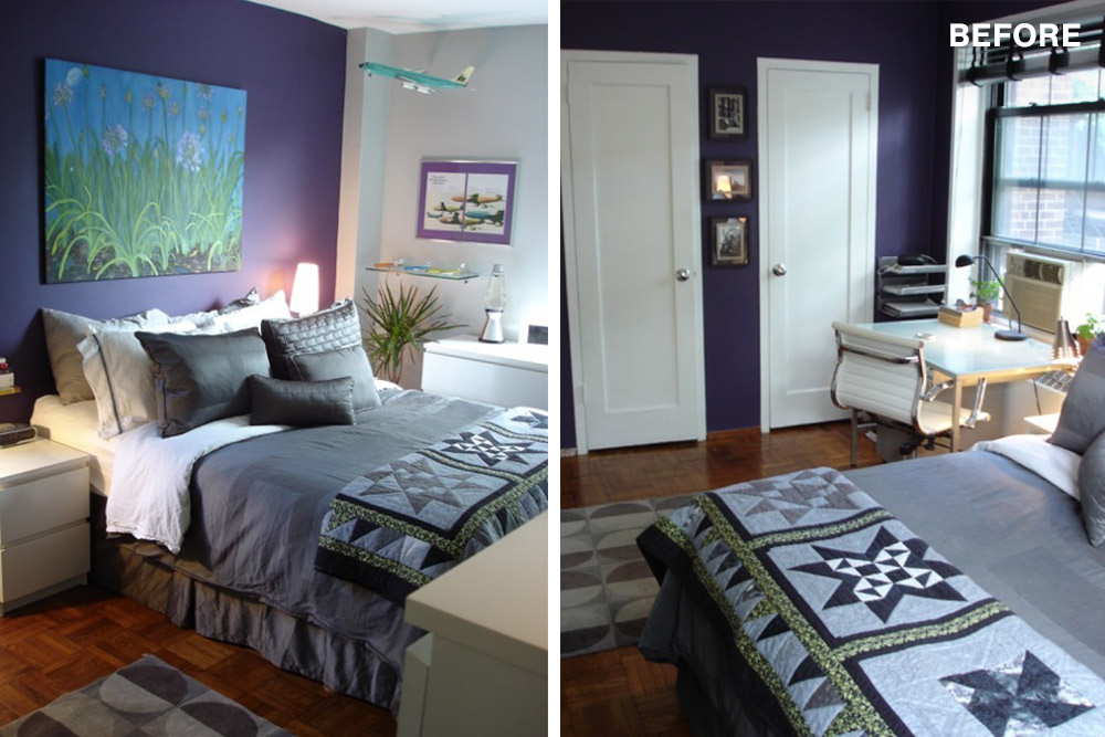 Split image of the bedroom before the remodel