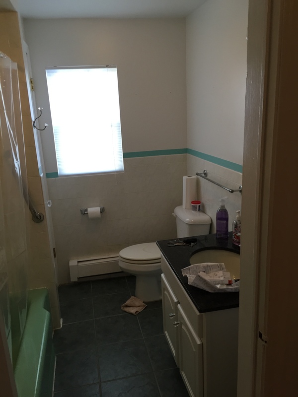 Before photo of a Jersey City bathroom with a mint green bathtub and dated finishes, taken before the renovation.