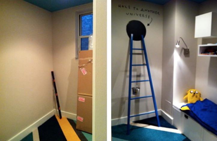 two images of kids room with carpet and beige wall with white shoe molding and shelf and ladder after renovation