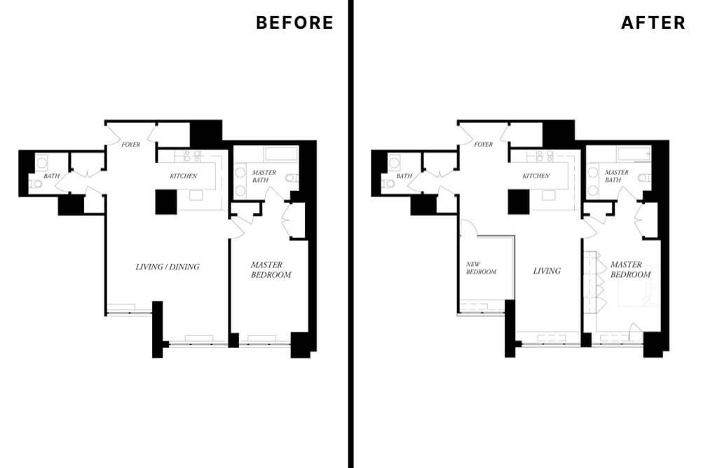 floor plan designs of the apartment before and after renovation