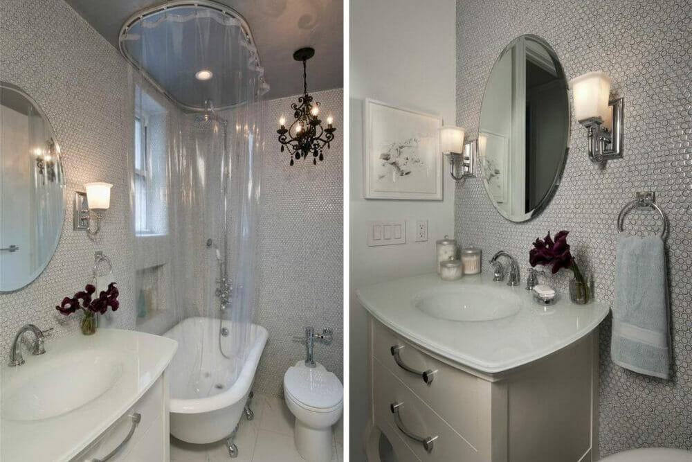 two images of bathroom with bathtub under a window and recessed shower shelf and chandelier and vanity with circular mirror and wall mounted lights after renovation