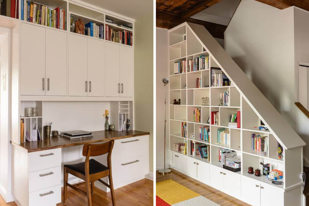 two images of built-in home office desk with cabinets and book shelves and built-in staircase storage after renovation