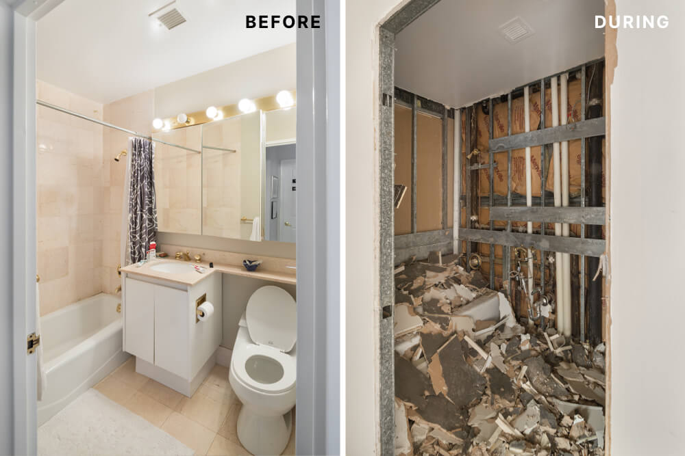 image of small bathroom with single vanity mirror and toilet before renovation and image of bathroom demolition during renovation