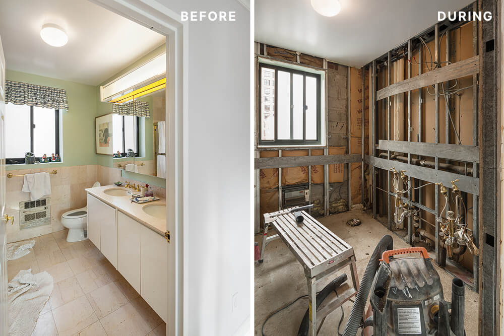 two images of bathroom with double vanity and window and flush mounted ceiling lights and demolished bathroom in the second image before and during renovation 