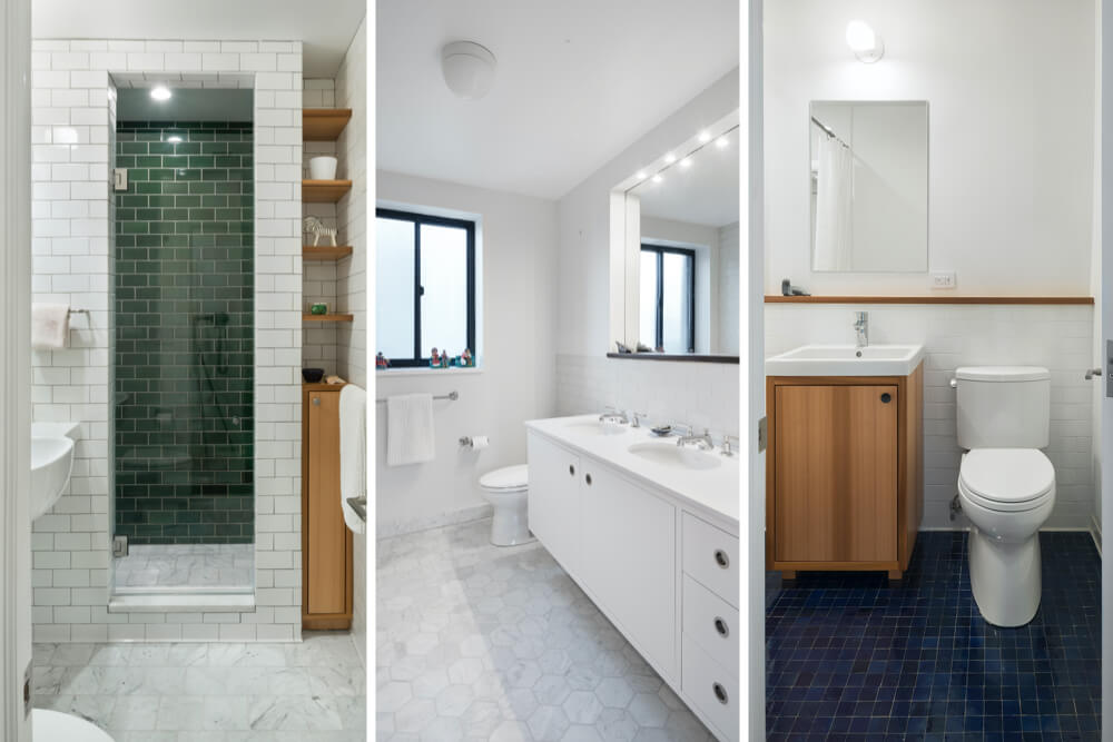 three images of full bathrooms with white walls and two bathrooms with white tiles on floor and one with black floor tiles after renovation 