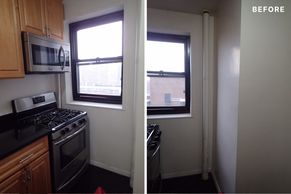 two images of kitchen with oak cabinets and granite countertop and stainless steel gas range next to a window before renovation 