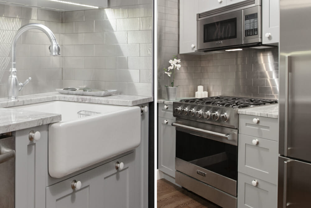two images of kitchen with granite countertop and light gray cabinets and farmhouse sink with chrome faucet and stainless steel appliances with gray backsplash and hardwood floors after renovation