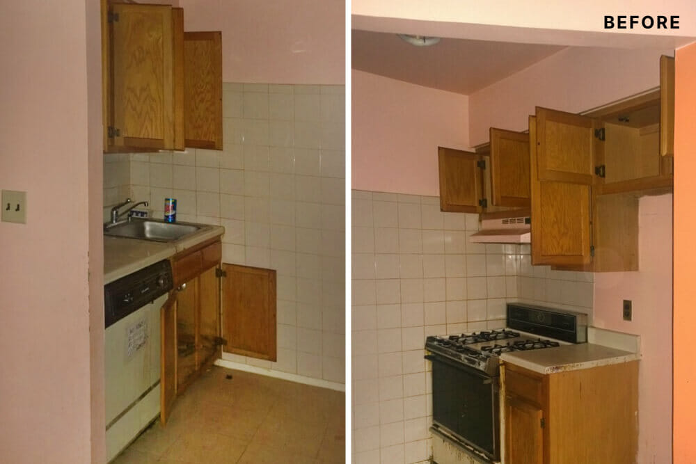 two images of kitchen with oak cabinets and old appliances with tiles on wall before renovation