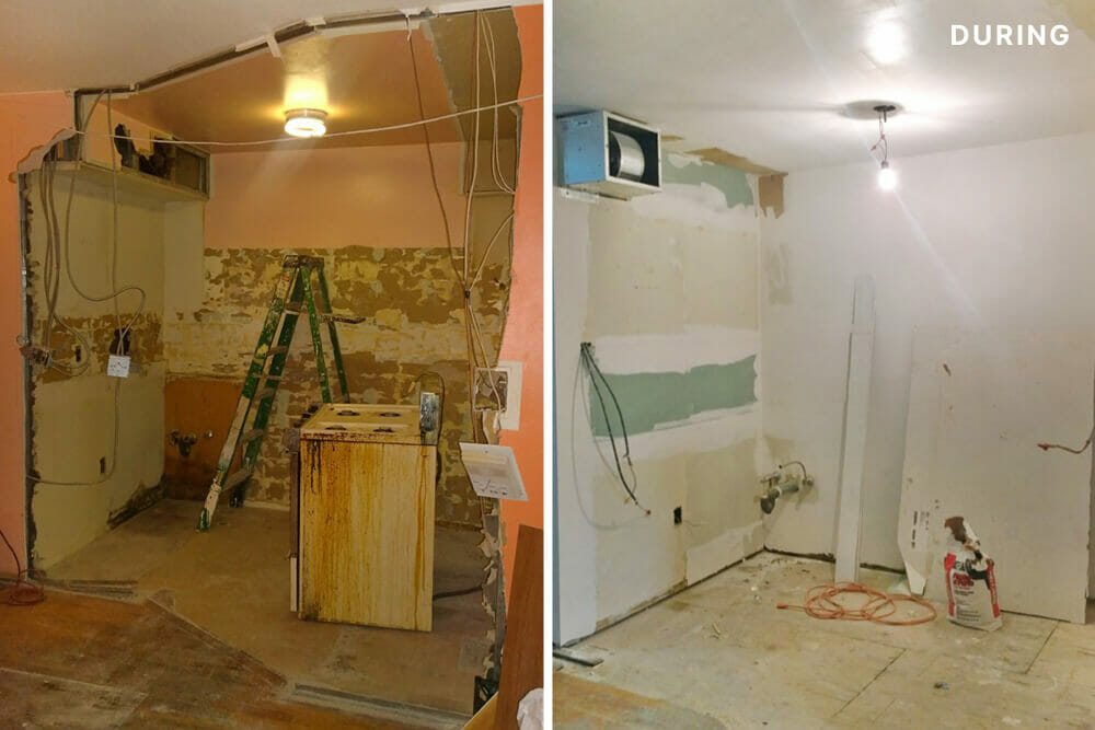 two images of demolished kitchen and work-in progress during renovation