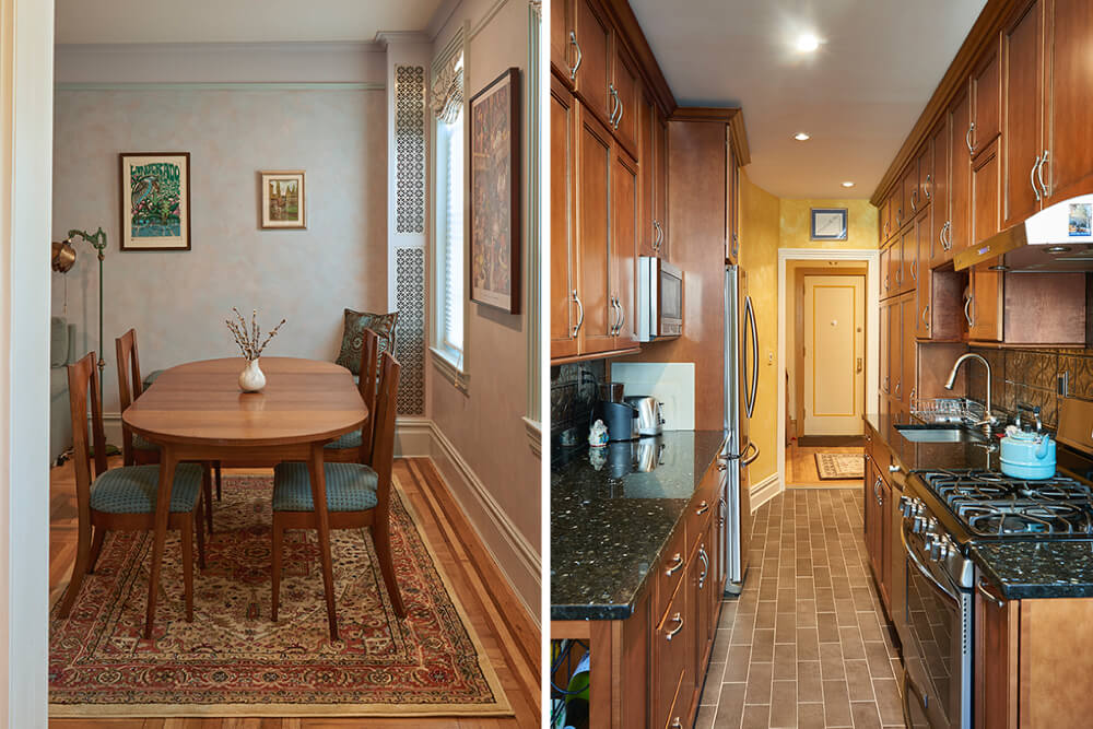 photo of dining room with hardwood floors and crown molding and trims and another photo of kitchen with black granite countertop and walnut cabinets and tile floors after renovation