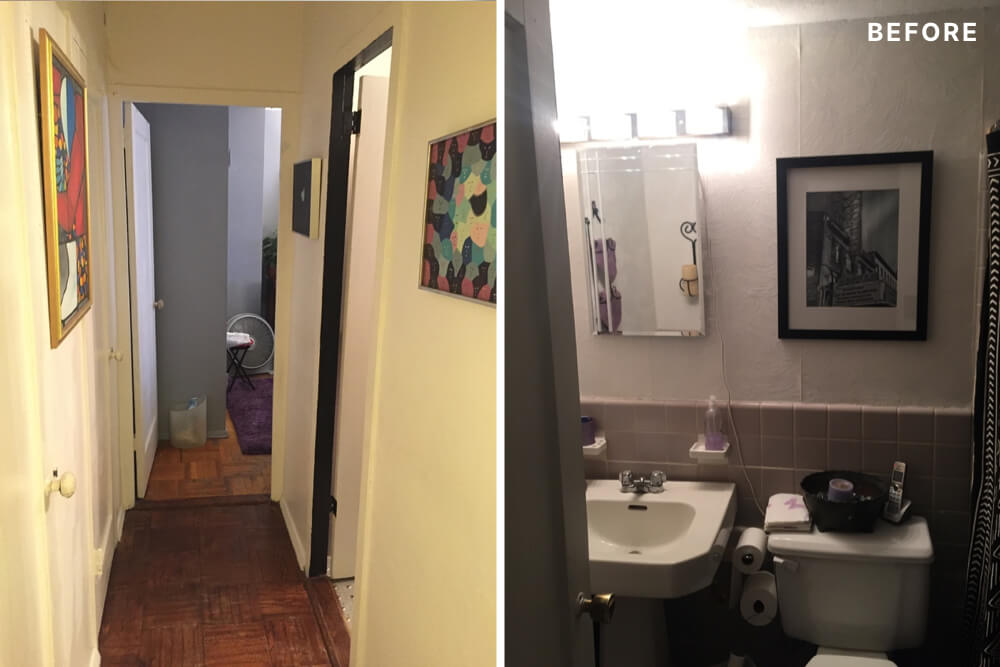 two images of hallway with hardwood floors and small bathroom with pedastal sink and toilet before renovation