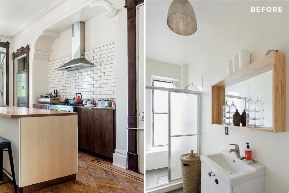 Brown hardwood floored open kitchen and bathroom with tempered shower glass door before renovation
