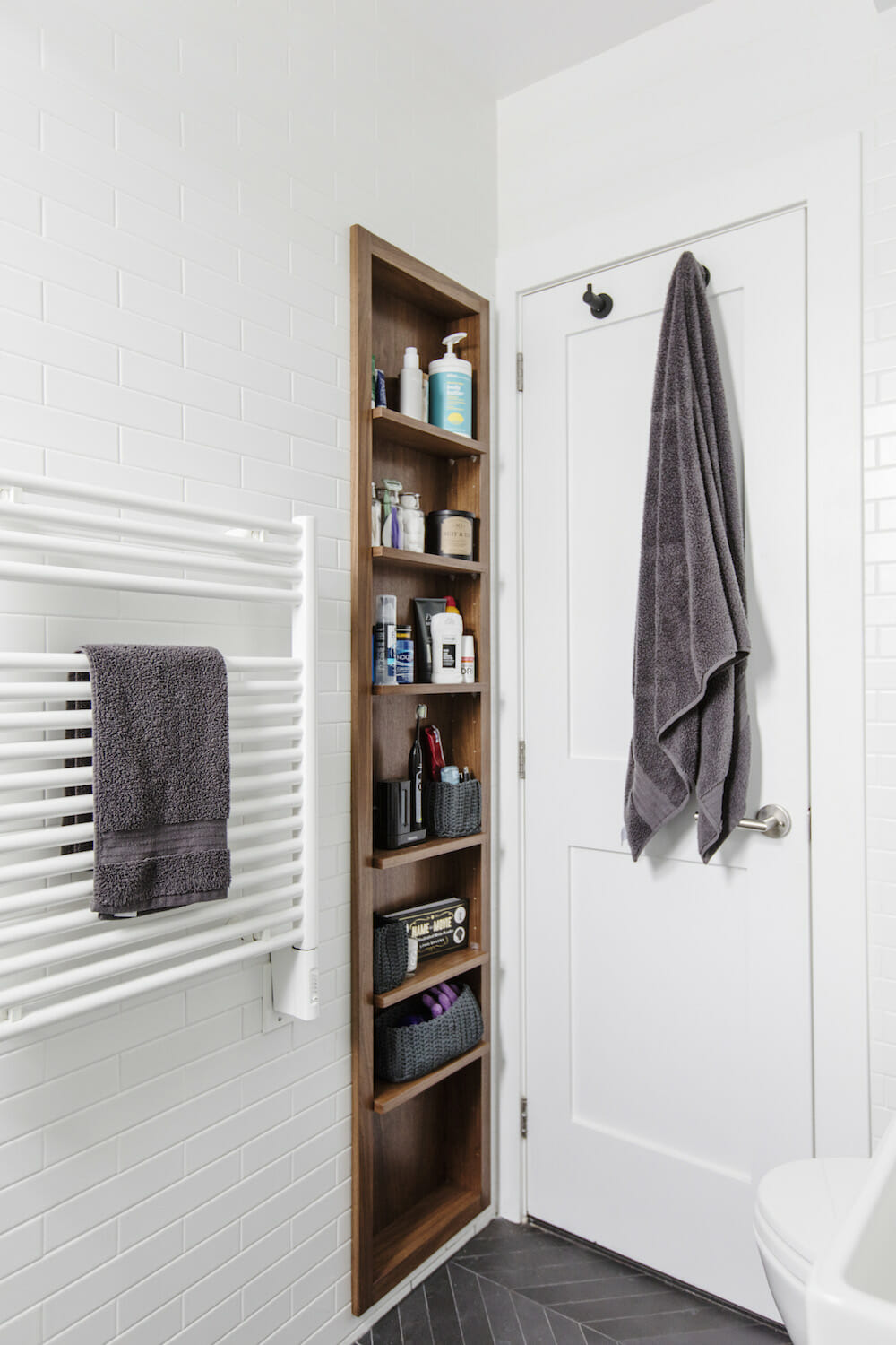 Scandinavian white bathroom with storage