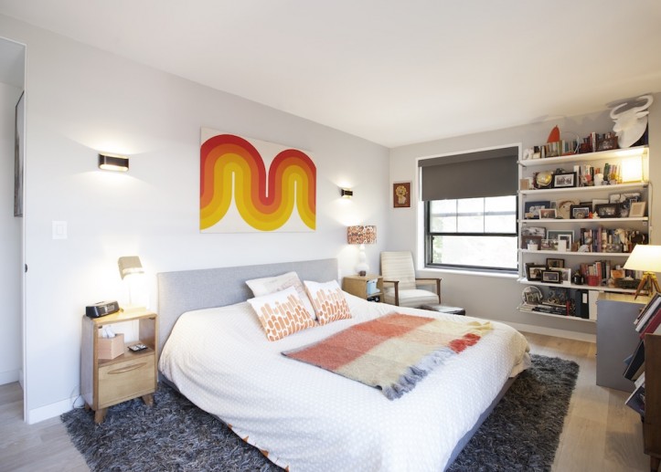 Modern bedroom with floating shelves