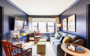 royal blue living room wall with gray sofa and a large window after renovation