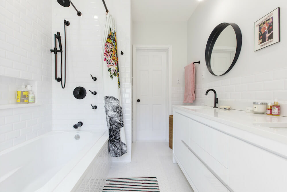 White bathroom with black matte fixtures