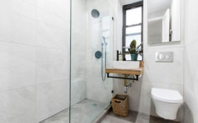 easy to clean bathroom with wall-hung toilet and vanity