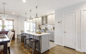 New York kitchen renovation featuring gray cabinets, stainless steel appliances, and a clean, organized countertop space.