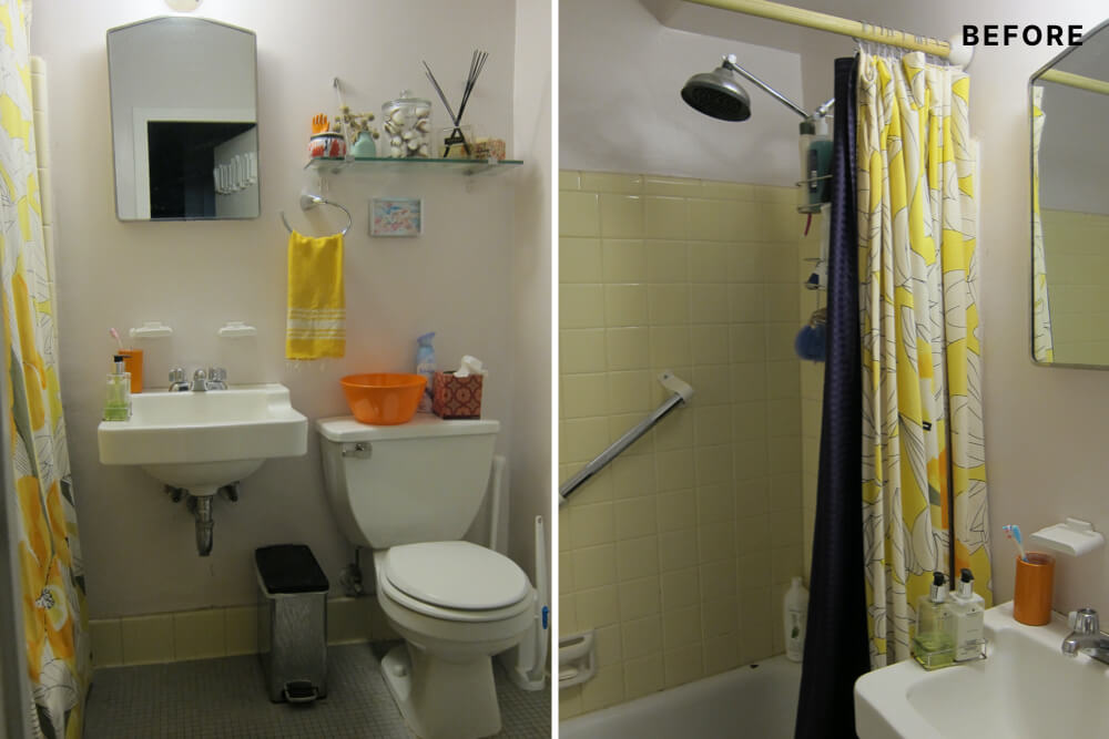 Small white bathroom with sink and view of bathtub separated by shower curtain before renovation