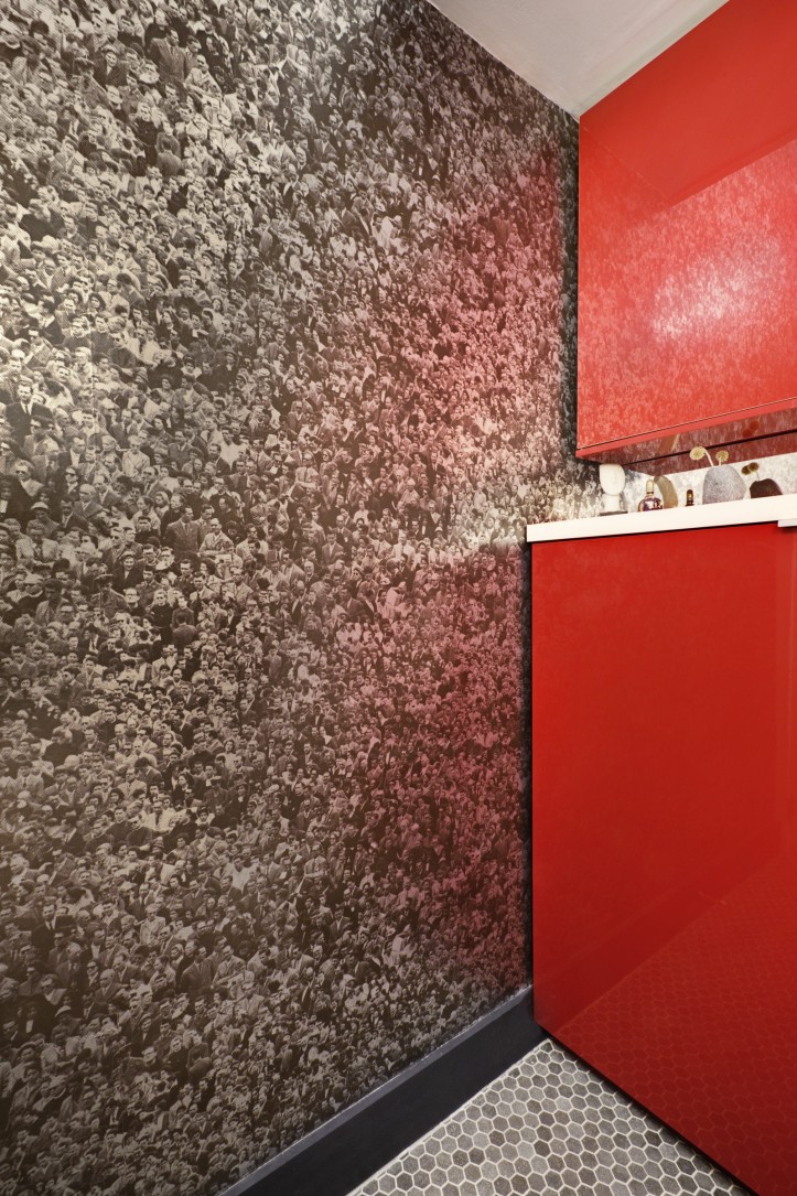 bathroom wallpaper, bathroom design, home, renovation, red storage, tile floor