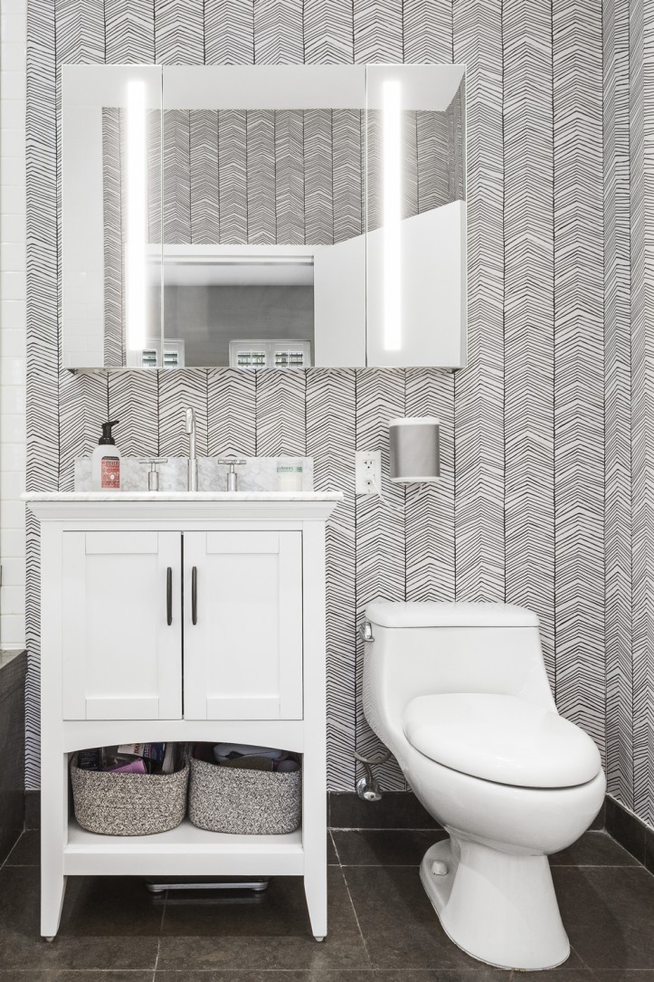 bathroom wallpaper, home design, home renovation, white vanity, mirror