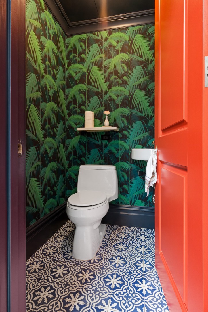 bathroom wallpaper, bathroom design, home, renovation, Spanish tile, leaf print wallpaper, red door