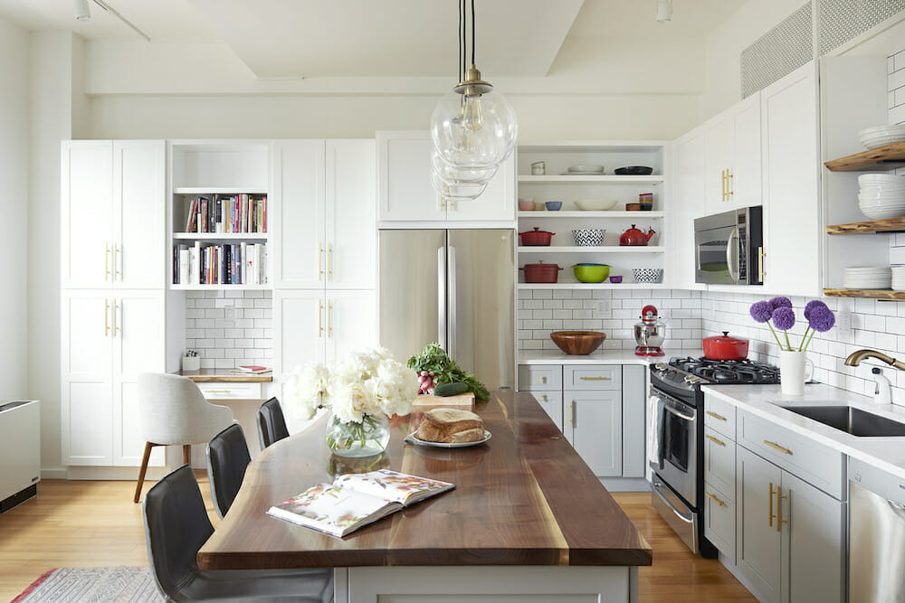 l-shaped kitchen layout with wood topped island