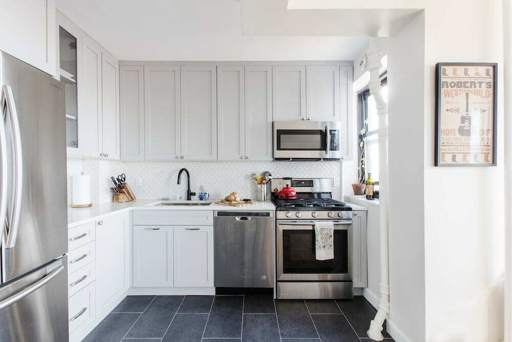 Anne and Michael's peaceful home design incorporated tons of natural light into their all-white kitchen in Clinton Hill