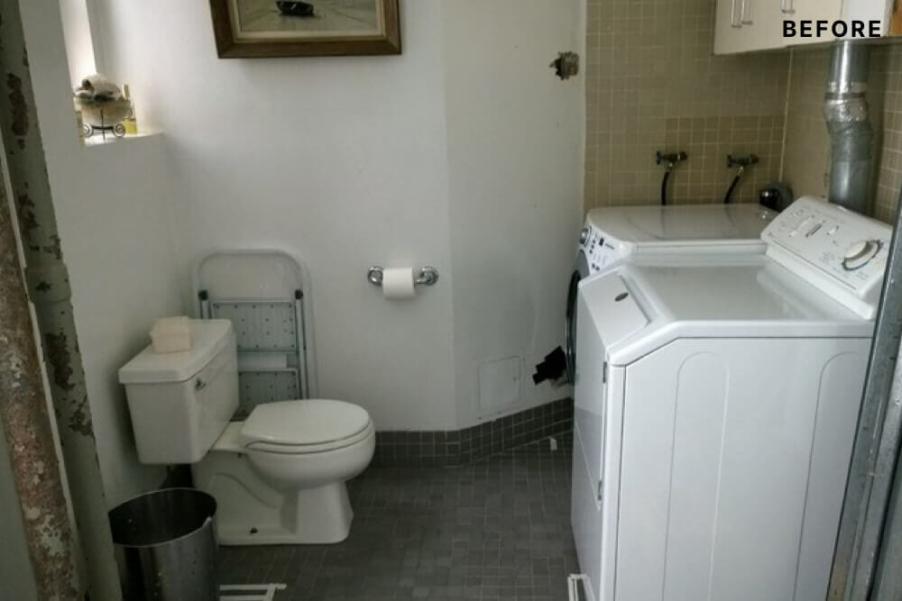 White bathroom with toilet and washer dryer before renovation