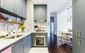 blue kitchen with open shelving