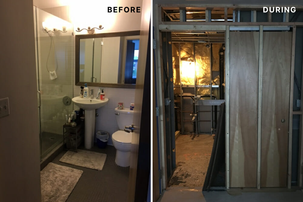 White pedestal sink near toilet and large vanity mirror in a brown tiled bathroom before and during renovation