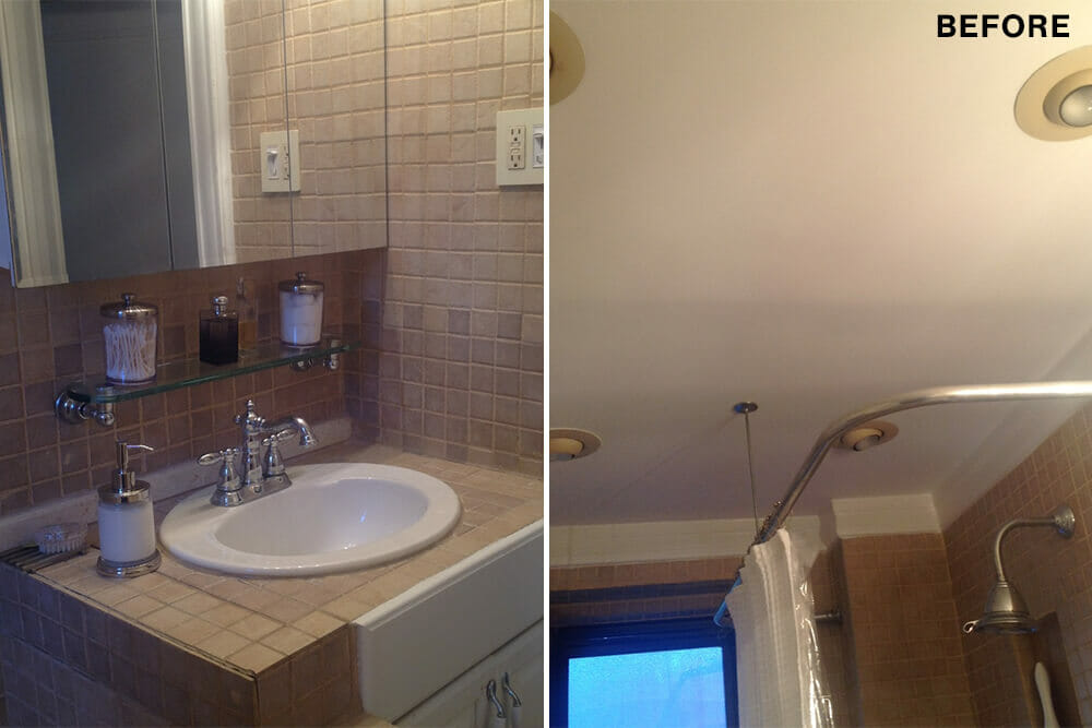 two images of bathroom with single vanity and tiles on countertop and medicine cabinet and curved shower rod before renovation