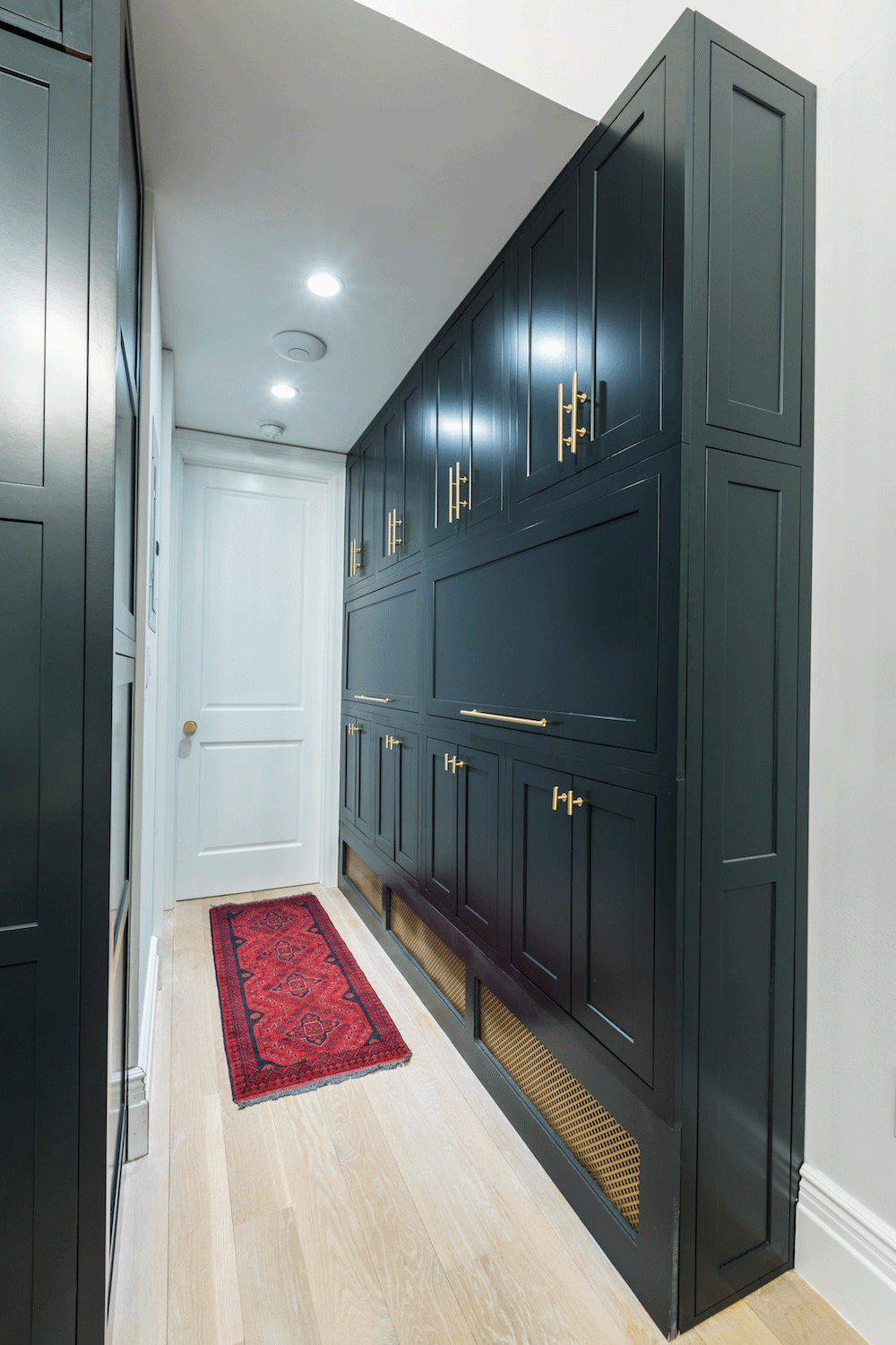 black storage cabinets till roof with gold handles in entryway after renovation