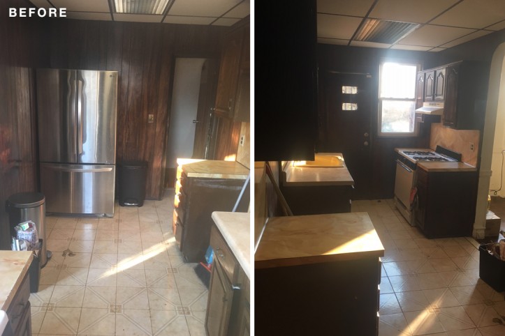 dark brown kitchen with counters and cabinets before renovation