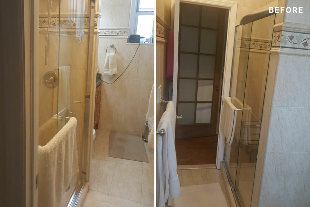 Beige bathroom with glass door for walk in shower before renovation