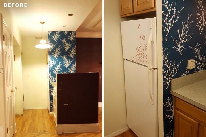 beige kitchen with blue wall paper before renovation