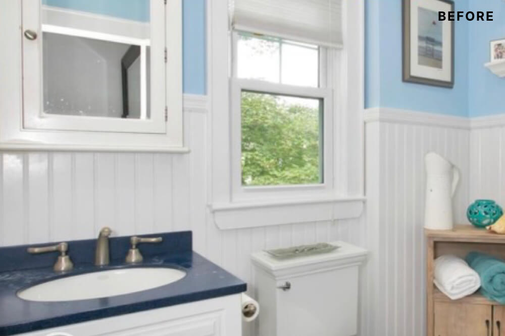 White shiplap and blue bathroom with oval sink and blue bathroom before renovation