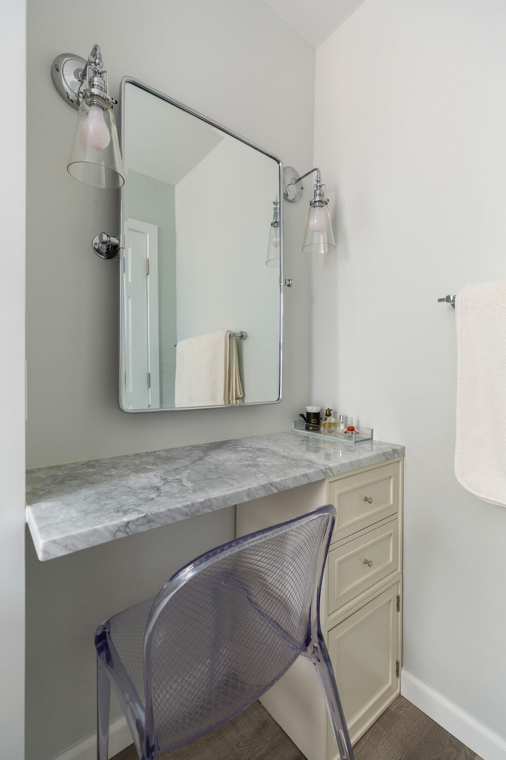 This peaceful home design gives Jessica her own vanity to get ready in the morning