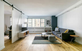 white living room with brown vinyl floor and a white barn door after renovation