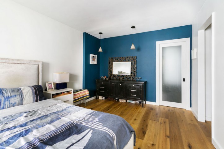 renovation, apartment combination, bedroom, accent wall, hardwood floors