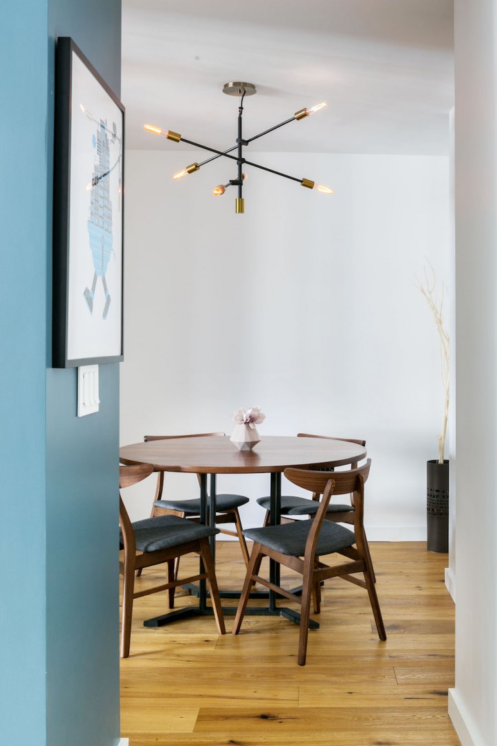 renovation, apartment combination, dining room, edison lighting, wood table
