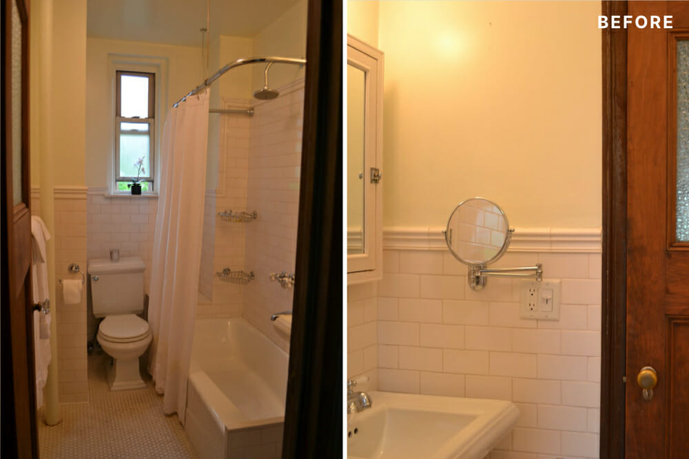 White bathroom with bathtub and shower curtain and white subway tiles and vanity mirror before renovation 