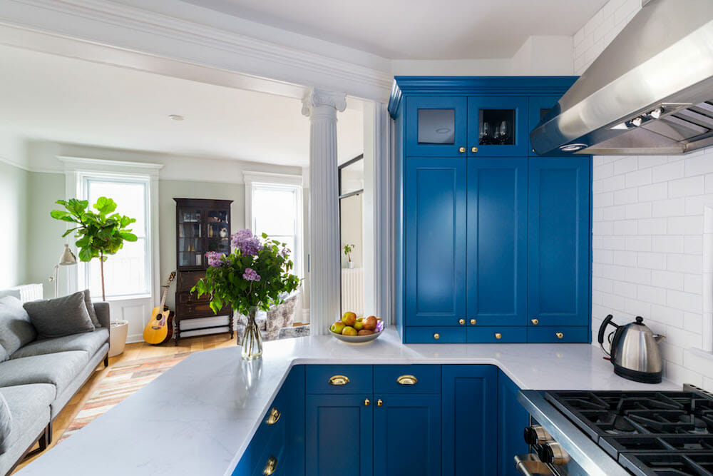 blue kitchen cabinets in park slope gut renovation