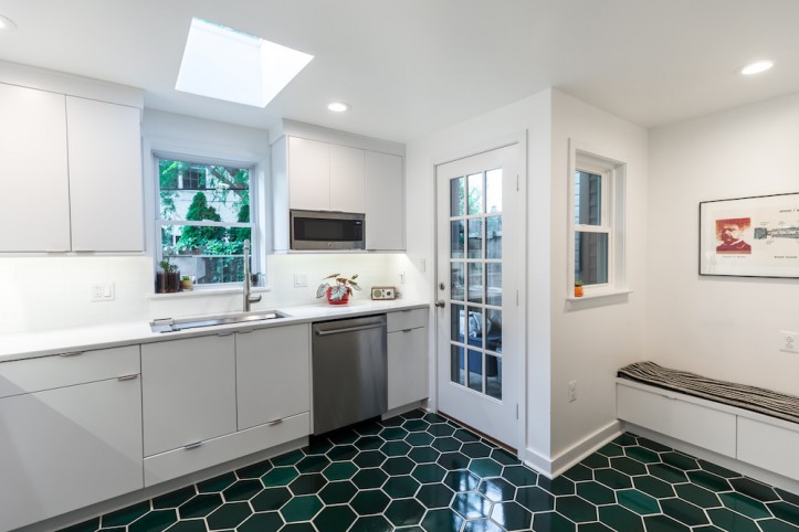kitchen renovation, Philadelphia, kitchen, emerald green floor tile, white quartz countertop, white cabinets, seating nook