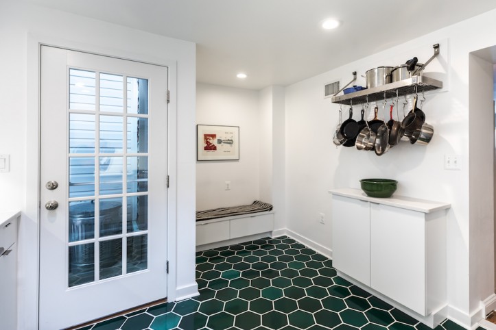 kitchen renovation, Philadelphia, kitchen, emerald green floor tile, seating nook, white cabinets