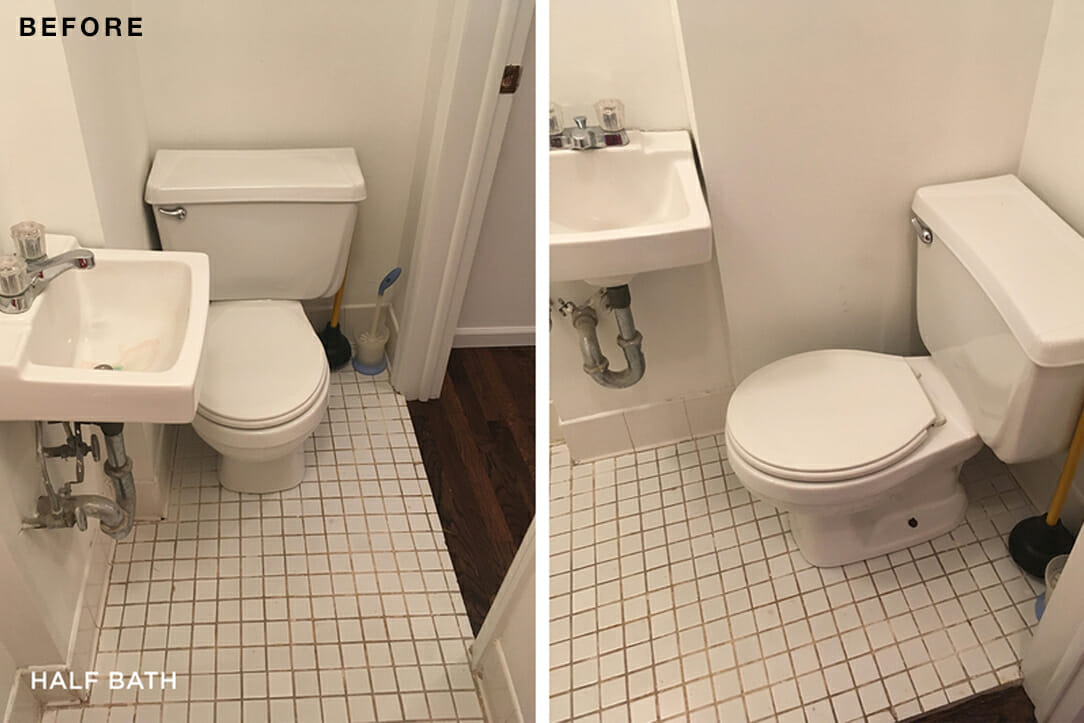 white tiled bathroom with white wall mount sink and white toilet before renovation 