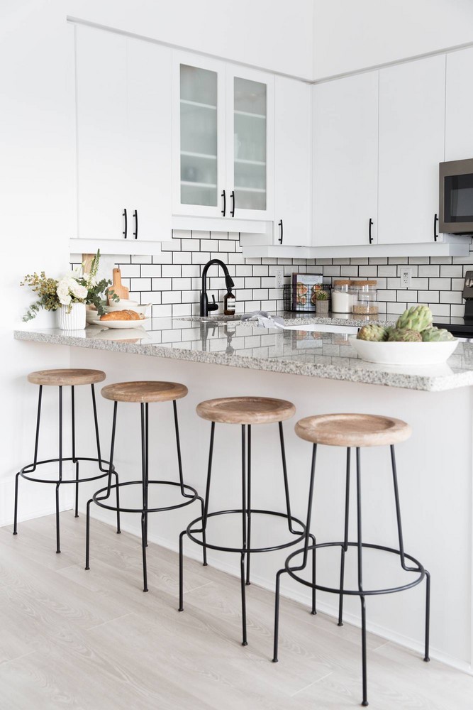 minimalist perch peninsula kitchen peninsula, bar seating, subway tile, backsplash, white cabinetry