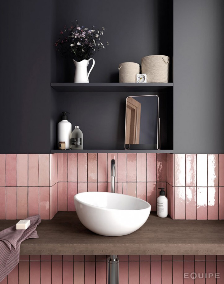 bathroom tile, bathroom tile designs, pink tile, matte black wall